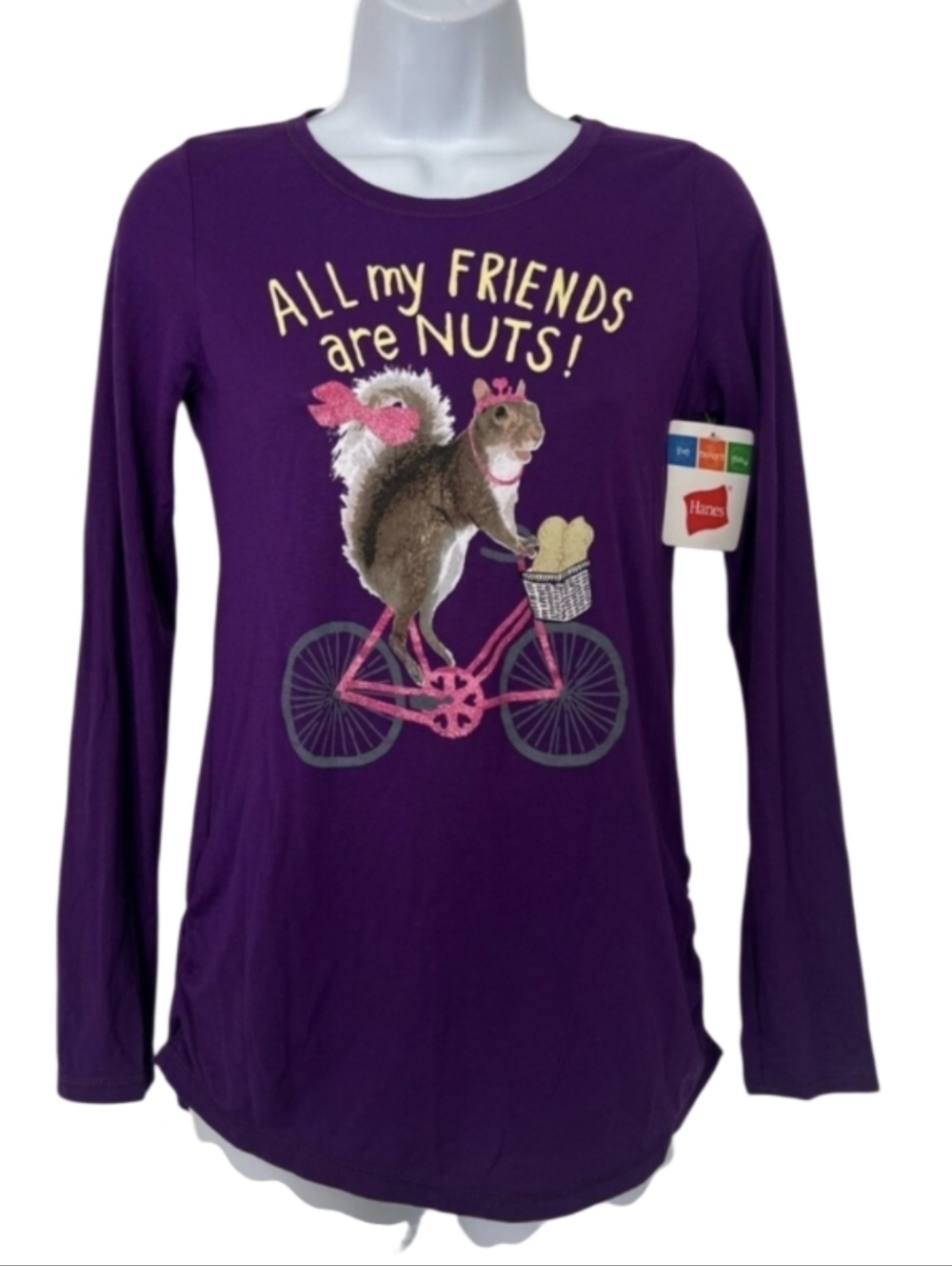 Hanes Purple Long Sleeve 'All My Friends Are Nuts' Squirrel Bike Graphic Tee